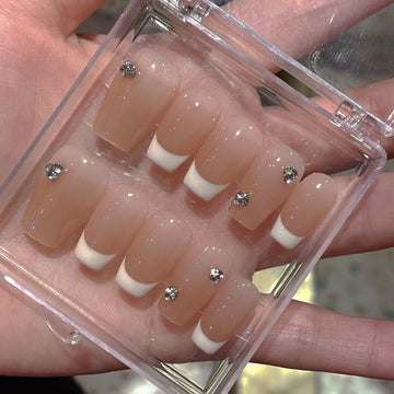 Qfdian Handmade Press on Nails French Pink Gradient Short Fake Nails Rhinestone Design False Nail Tips Wearable Reusable Nail Tip